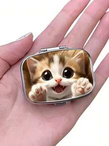 1pc Owl, Puppy, Fox, Cat Pattern Printed Square Pill Box, 2 Compartment Portable Pill Case For Pocket Or Wallet, Decorative Metal Medicine Vitamin Storage Box For Pocket, Wallet, Travel, Unique Gift - Multicolor - View 3