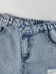 1件装休闲做旧浅蓝色牛仔裤，适合少女穿着，春夏新品 - 淺色水洗藍 - 查看 4