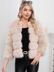 Elegant Women's Faux Fur Coat Khaki Color Regular Sleeve Round Neck Wrist Length Contrast Faux Fur Design Warm Lined For Winter Christmas And New Year - Khaki - View 4