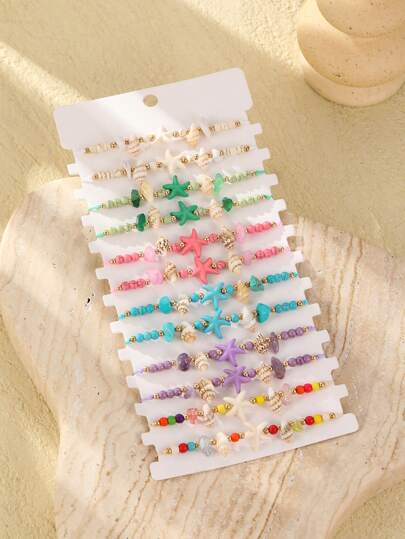 12 件海洋海滩元素海星、绿松石珠、贝壳、小海螺编织手链