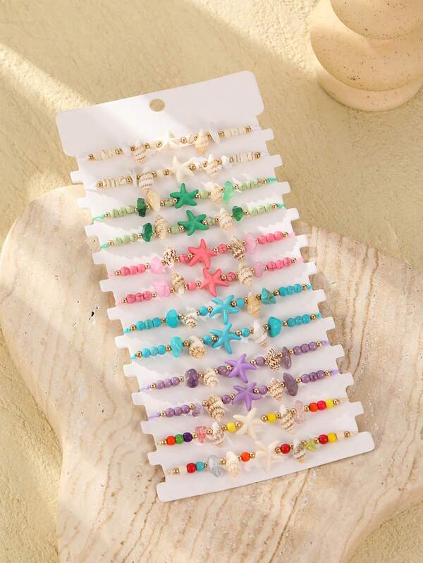 12 piezas de pulseras trenzadas con elementos de playa oceánica: estrellas de mar, cuentas de turquesa, conchas, pequeños caracoles