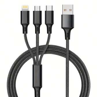 Cable de carga USB 3 en 1 negro para iPhone/Tipo-C/Micro USB, cable cargador para iPhone 14 13 12 Pro Max Xs Max, cable cargador para Redmi, OnePlus, teléfonos móviles USB C