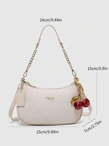 New Fashion Classic Versatile Letter Graphic Decor Solid Color Waterproof PU Fabric Shoulder Bag, Crescent Bag, Underarm Bag, Suitable For Shopping, Can Be Worn Crossbody. Decorated With Cherry Pendant, Crescent Bag For Summer, Suitable For Beach Vacation, Back To School Season, Women Wallet. - White - View 2