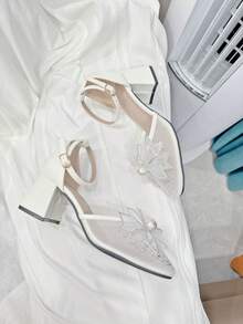 Romantic Breathable Mesh Rhinestone Bowknot Heels Suitable For Teens, Weddings, Birthdays, Parties, All Seasons - White - View 6