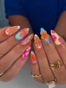 24pcs/Set French Almond Shaped Colorful Dopamine Style 3D Lemon Spots Gold Beads Embellishment Press-On False Nails Nail Art Supplies, Including 1 Jelly Glue And 1 Nail File, Perfect For Women And Girls On Holiday, Date And Daily Wear - Multicolor - View 1