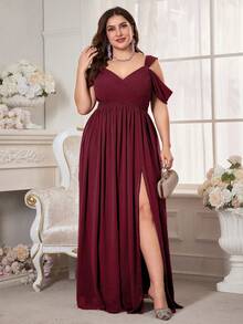 UNITHORSE Plus Size Women's Open Shoulder Short Sleeve Chiffon Bridal Dress, Elegant Dress, Birthday Dress, Graduation Dress, Formal Dress, Bridesmaid Dress Wedding Spring Party - Burgundy - View 3