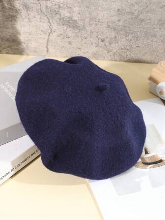 1pc Women's Solid Color Wool Beret, Artistic Japanese Style, Suitable For Outings And Sketching, Autumn/Winter