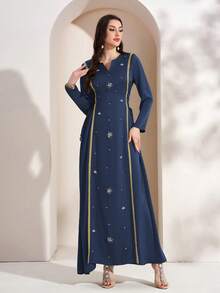Gaun Maxi Arab Lengan Panjang Elegan dengan Leher Berlekuk dan Tali Pengikat untuk Wanita (Panel Depan Berhiaskan Pita Manik-Manik, Acak, Mungkin Tidak Sampai ke Bagian Atas) - Royal Blue - View 5