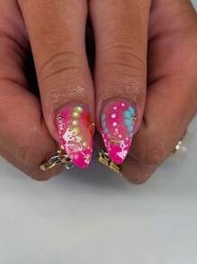 24pcs/Set French Almond Shaped Colorful Dopamine Style 3D Lemon Spots Gold Beads Embellishment Press-On False Nails Nail Art Supplies, Including 1 Jelly Glue And 1 Nail File, Perfect For Women And Girls On Holiday, Date And Daily Wear - Multicolor - View 2