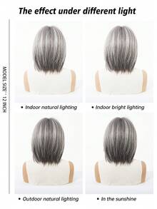 Elegant Mixed Gray Bob Wig With Bangs For Mature Women Natural Synthetic Wig For Gray Use Every Day Wear - Xám - Xem 8