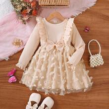 女童春秋季蝴蝶网纱拼接连衣裙，圆领长袖蝴蝶结装饰休闲网纱拼接公主裙，适合4-7岁女孩日常、户外、街头、派对等场合穿着。 - 杏色 - 查看 9