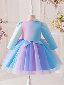 Girls Spring/Autumn Outfit, Collar Fashionable Dress Suit, Colorful Gradient Fluffy Princess Dress With 3D Floral Decor Mid-Length Dress, Children Versatile Top & Vest Dress 2 Pieces Set, Stylish Casual Top, Birthday Party, Holiday, Performance Dress Suit - Blue - View 4