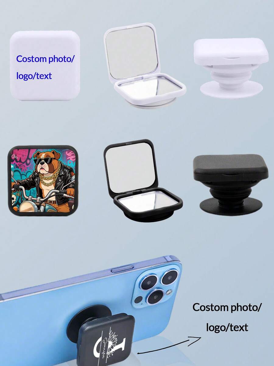 1pc Customized Makeup Mirror With Phone Holder, Portable Glass Mirror With Flip Cover, Double-Sided, Air Cushion, Extendable Phone Stand Suitable For All Phones, Ideal For Team Gifts, Wedding Gifts, Gifts For Family And Friends, Daily Use