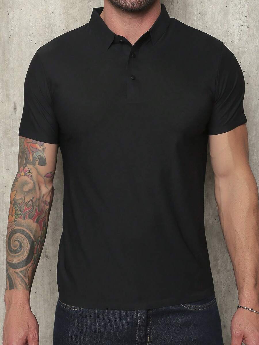 Men's Polo Shirt In Polyamide, Elastic Ice Fabric, Style And Quality - 黑色 - 查看 1