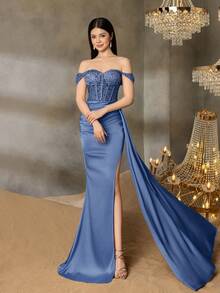 Alisa&Leo Teen Girls' Sequin Evening Gown - Off-Shoulder Beaded Bodice With Crystal Accents, Satin Mermaid Silhouette For Graduation Proms, Wedding Guest Outfits, Formal Dinners & Beauty Pageants