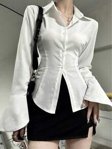 女士纯色修身衬衫，翻领喇叭袖，腰部系带设计，适合办公室和休闲场合，白色春季款 - 白色 - 查看 1