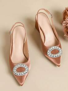 Women's High Heel Rhinestone Buckle Fashionable Versatile Commuter Shoes, Toe-Covering Design - Dusty Pink - View 6