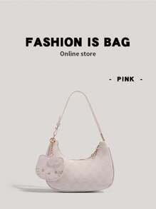 Sanrio 1pc Women Cute Plaid PU Leather Sling Bag - Zippered Closure, Large Capacity Underarm Cosmetic Pouch, Hand/Dry Washable, Polyurethane Lining - Fashionable Messenger Bag Accessory