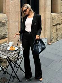 Zalla Blazer And Palazzo Pants Set With Lining And Decorative Button - Black - View 5