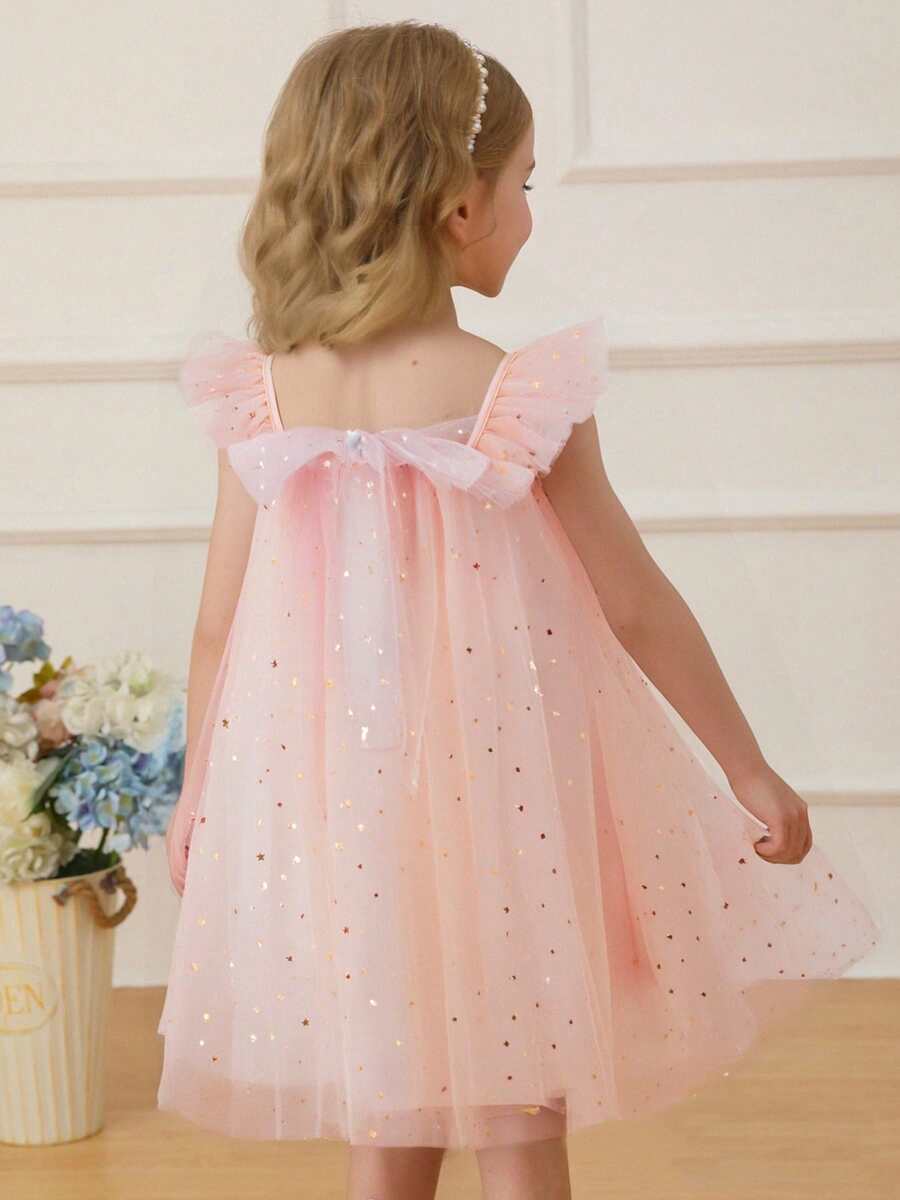 Girl's Stars Printed Mesh Dress Elegant Princess Girl Casaul Rainbow Tulle Dresses Suitable For Holiday, Party, Birthday, Vacation, Summer - 粉色 - 查看 1