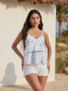 Women's Maternity Camisoles Spaghetti Straps Floral Pattern Ruffled V Neck Crop Tank Tops For Summer - Blue - View 7