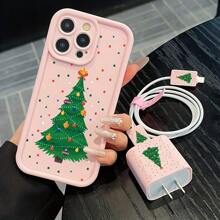 5 قطع مجموعة غطاء هاتف عيد الميلاد الوردي أنيق وفاخر، مناسب لموديلات 11/12/13/13 برو ماكس/14/14 برو/14 بلس/14 برو ماكس/15/15 برو/15 برو ماكس/16/16 برو/16 بلس، واقي شاحن، إكسسوارات الهاتف