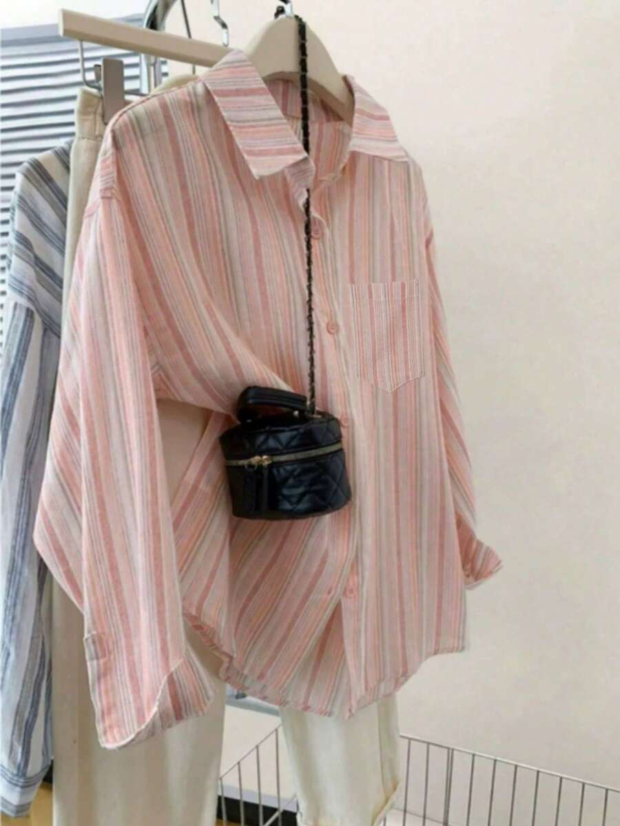 Áo sơ mi dài tay nữ màu hồng kẻ sọc, kiểu dáng thường ngày, thích hợp cho mùa xuân. - Hồng - Xem 1