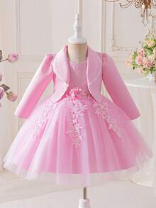 2pcs Girls Autumn Outfit: Pink Lace Patchwork Tulle Princess Dress & Jacket Set, Handmade 3D Floral Mesh Tulle Dress For Girls, Suitable For Birthday Party, Wedding, Piano Recital, Special Occasions - Pink - View 2