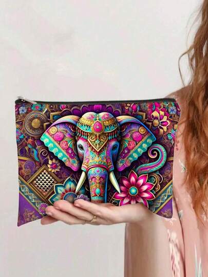 1pc Vibrant Elephant & Mandala Design Makeup Bag - Unscented, Scent-Free Cosmetic Pouch With Secure Zipper - Ideal For Travel & Daily Use - Colorful Gift For Women For Christmas, Birthdays, Graduations, Elephant Decor,Pouch,Makeup Pouch,Travel Essential