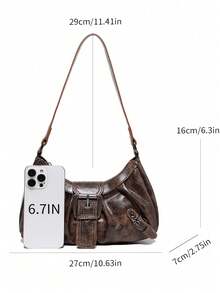 1 件 PU 皮革女士手提包，百搭复古小包，时尚新月包，Y2K 宝贝包，单肩腋下包，新月包，勃艮第色女包，酒红色手提包 - 棕色 - 查看 2