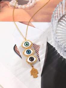 1Pc Western Cowboy Stylish Copper Beaded Eyes Cow Head Vegan Loop Chain Printed Scarf Necklace For Parties Music Festivals Out Hip Hop Enthusiasts Cowboy Lovers Wear, 18k Gold Plated Women's Gold Jewelry Halloween Gift(The Eye Pendant Is Secured With Foam Backing, And The Material Of The Eye Pendant Is Resin.) - Gold - View 7