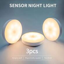 3 Packs Motion Sensor Closet Lights - Magnetic, USB Rechargeable, 8-LED Wireless Indoor Lighting,120° Ultra-Wide Infrared Induction, Semi-Flush Mount, Plastic Shade, Battery Powered, Hallway, Stairs, Bedroom, Infrared Sensor, Yellow/White LED - Multicolor - View 8