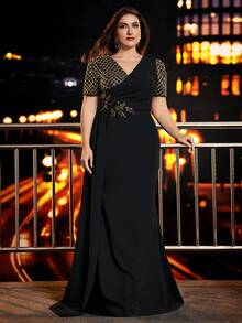 BluePlum Floral Application Plaid Sequin Elegant Evening Dress Ladies V Neck Puff Sleeve Modest High Waist Plus Size Formal Dresses Women Wedding Guest Banquet Floor Length Party Prom Birthday Cocktail Cloth Black