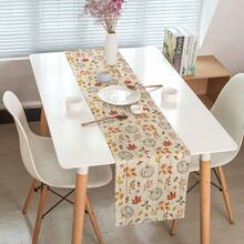 1pc Pumpkin Leaf & Brown Wood Autumn Table Runner, Linen Pumpkin Thanksgiving Table Runner, Seasonal Fall Kitchen Dining Table Runner, Autumn Theme Home Party Decor