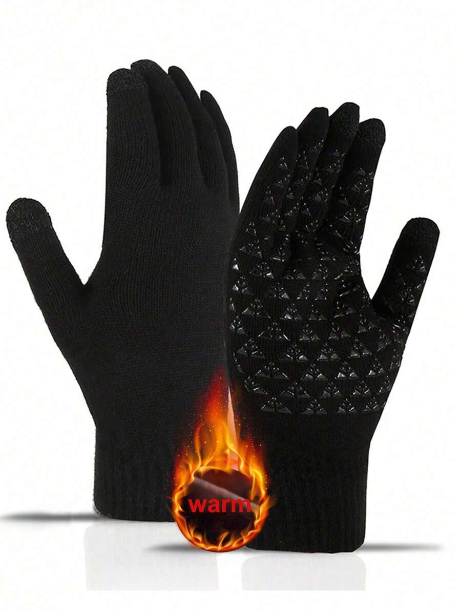 1 Pair Black Full Finger Knit Touchscreen Gloves, Warm Lining, Windproof For Cycling - Black - View 1