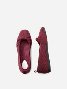 Women Bowknot Ballet Flats Shoes Comfortable Knitwear Slip On For Working Walking And Casual Wearing - 酒紅色 - 查看 4