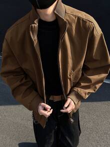 Men's Stand Collar Jacket, Retro Street Fashion Outerwear, Front Open Stand Collar Top - Khaki - View 2