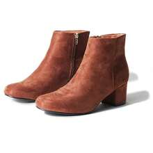 Women's Black Vegan Suede Cheetah Faux Suede Cognac Vegan Suede Natural Faux Suede Smokey Taupe White PU Chunky Low Heel Zip-Up Ankle Boots – Minimalist Round/Pointed Toe Fashion Booties [Size Up Half Size] - 干邑白蘭地純素絨面革 - 查看 4