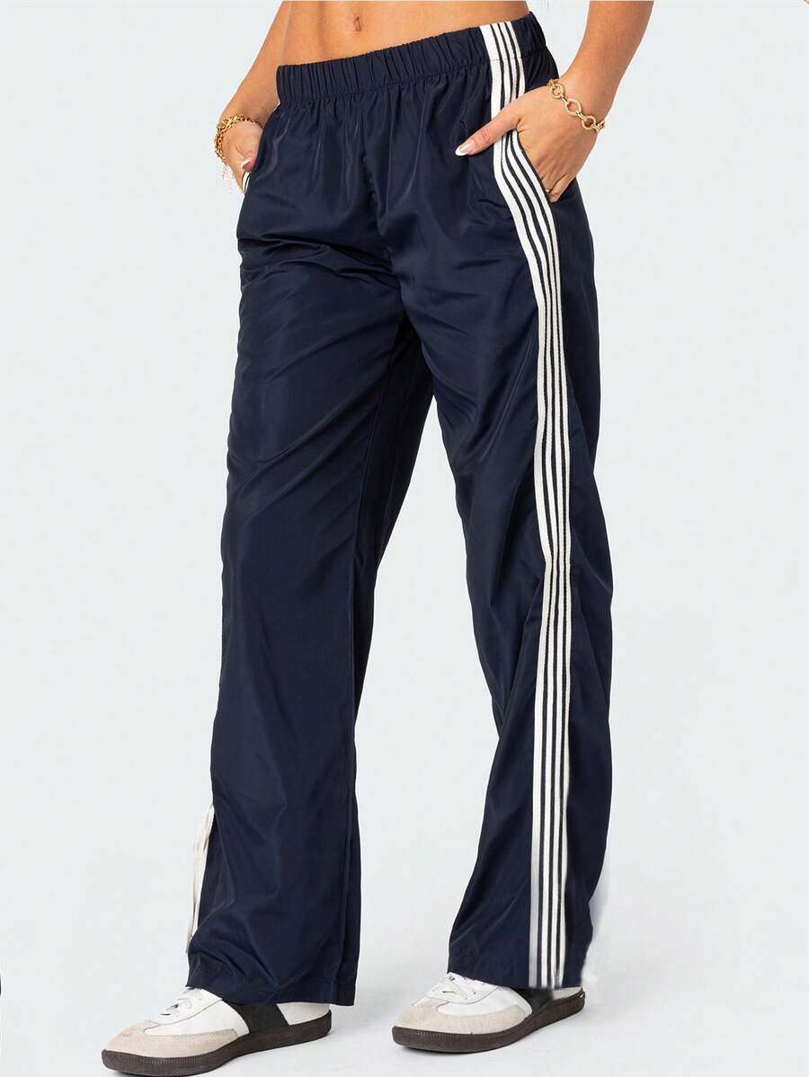 Striped Track Sweatpants For Women Y2K Elastic Waist Wide Leg Vintage Cute Parachute Pants - 藏蓝色 - 查看 1