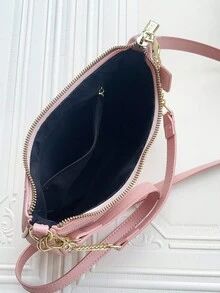 New Fashion Classic Wild Letter Pattern Decoration Design Solid Color Pu Waterproof Fabric Shoulder Bag Crescent Bag Underarm Bag Suitable For Shopping, Can Be Slung. With Cherry Pendant Decoration, Summer Crescent Bag, Seaside Holiday, School Season, Ladies Purse. - Pink - View 7
