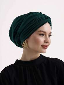 1pc Women's Classic Solid Color Chemo Turban Hat, High Elasticity & Pleated Design, Anti-Slip & Breathable, Multi-Layer Pleated Style For Fuller Head Look, Comfortable Soft Modal Knit Fabric, Suitable For Daily Wear With Hijab For Dress - Dark Green - View 34