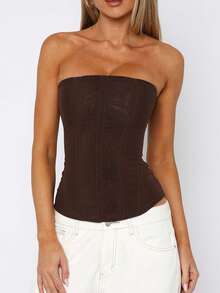 Women Y2k Strapless Bustier Corset Tie Back Mesh Boned Bodyshaper Tube Top Going Out Bustier Tops - Cà phê nâu - Xem 2