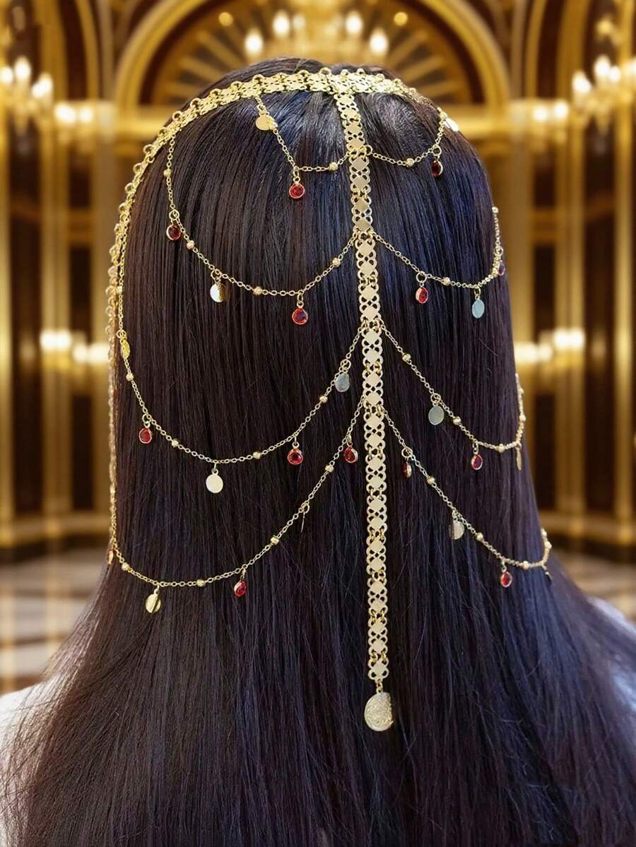 1件中东/阿拉伯节日镀金头饰，女士奢华头饰，适合婚礼、日常佩戴、派对、馈赠、发饰，准新娘适用 - 金色 - 查看 1