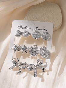 Bộ 10 chiếc khuyên tai hình sao biển, vỏ sò, vỏ sò, nơ thời trang, thích hợp cho du lịch và nghỉ dưỡng mùa hè - Bạc - Xem 3