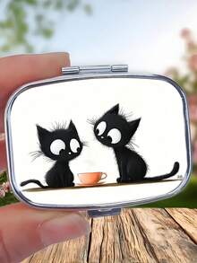 1pc Owl, Puppy, Fox, Cat Pattern Printed Square Pill Box, 2 Compartment Portable Pill Case For Pocket Or Wallet, Decorative Metal Medicine Vitamin Storage Box For Pocket, Wallet, Travel, Unique Gift - Multicolor - View 15
