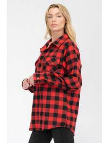 Womens Boyfriend Fit Checkered Plaid Flannel Button Down Shirt Shacket Lightweight Summer Coat - 紅色 - 查看 3