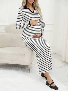 Pregnant Women's Striped Elegant Bodycon Casual Dress With Contrast Trim And Slit, Sexy And Suitable For Autumn/Winter Parties And Daily Wear