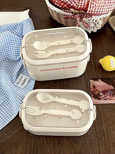 1 套花朵图案便当盒（带叉子和勺子）学生午餐盒食品容器成人保温饭盒带盖隔层厨房食物储存盒