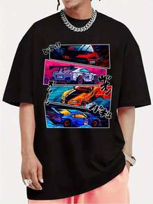 Men's T-Shirt With  Car Print - 黑色 - 查看 6