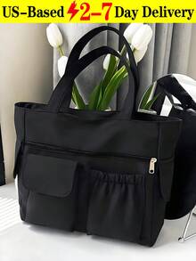 Fashion Solid Color Multi-Pocket Tote Bag With Coin Purse, Women Bag With Dime Bag, School Bag, Large Capacity, Portable, Classic Casual, Business Casual, For Teen Girls Women College Students, White-Collar Workers School Handbag, School Bookbag, Back To School Bags, Waterproof, Laptop Compartment, Lightweight, Foldable, Suitable For Teen Girls Women College Students, Teacher, Perfect For Back To School, First Day Of School, Middle School, High School, Tote Bags For School,College Essentials - màu đen - Xem 1